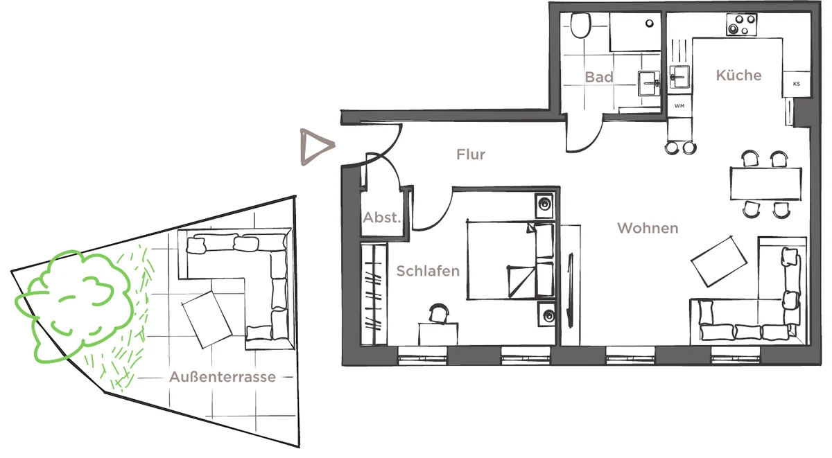 Grundriss der Wohnung 01, Hochparterre, 2 Zimmer