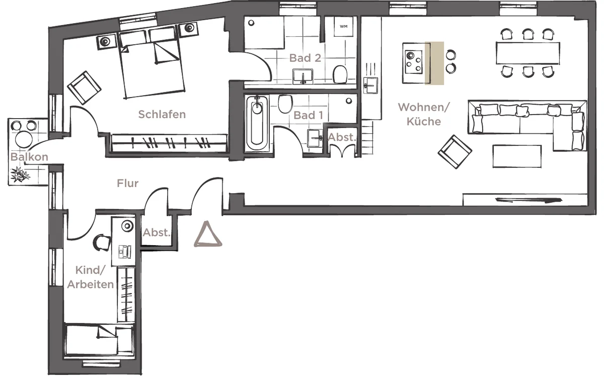 Grundriss der Wohnung 02, Hochparterre, 3 Zimmer