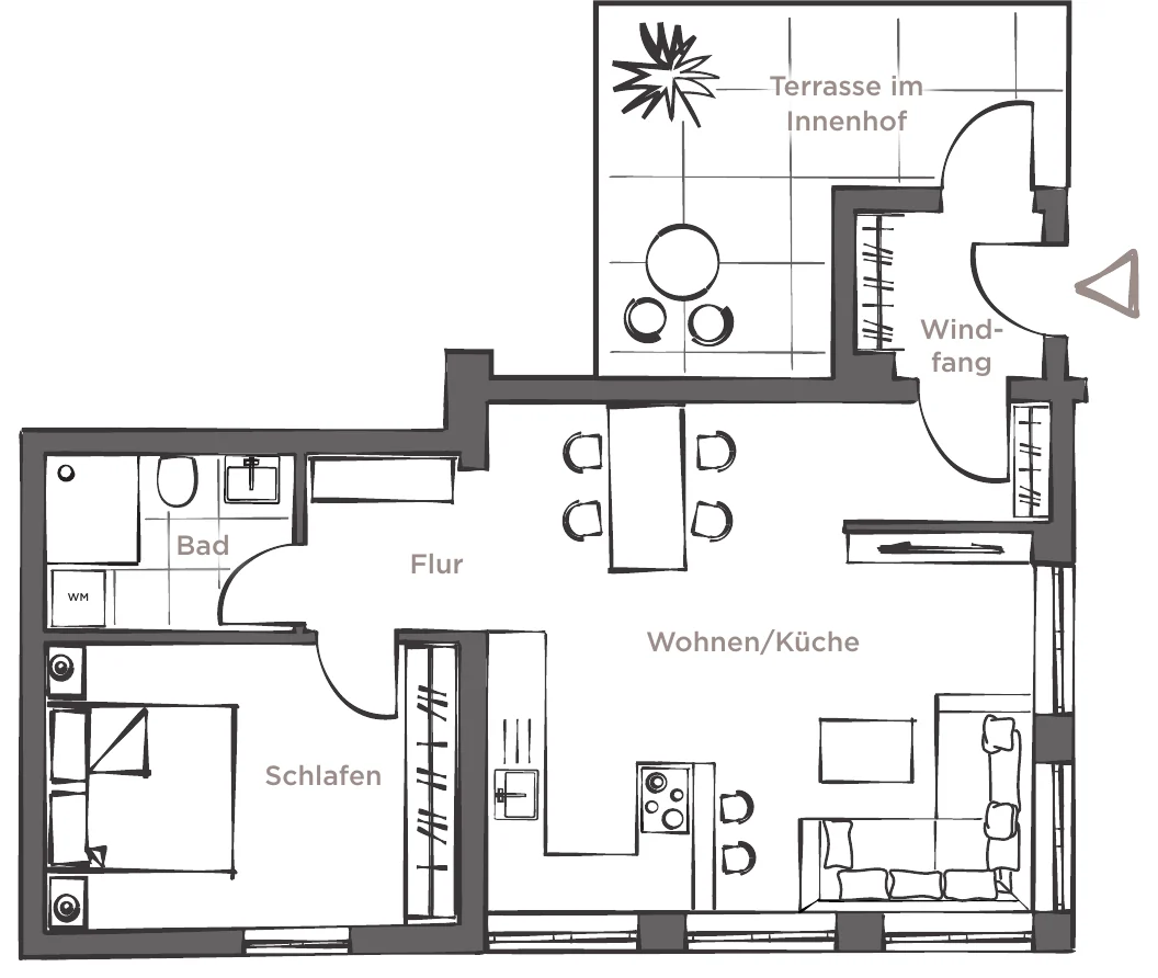 Grundriss der Wohnung 03, Hochparterre, 2 Zimmer