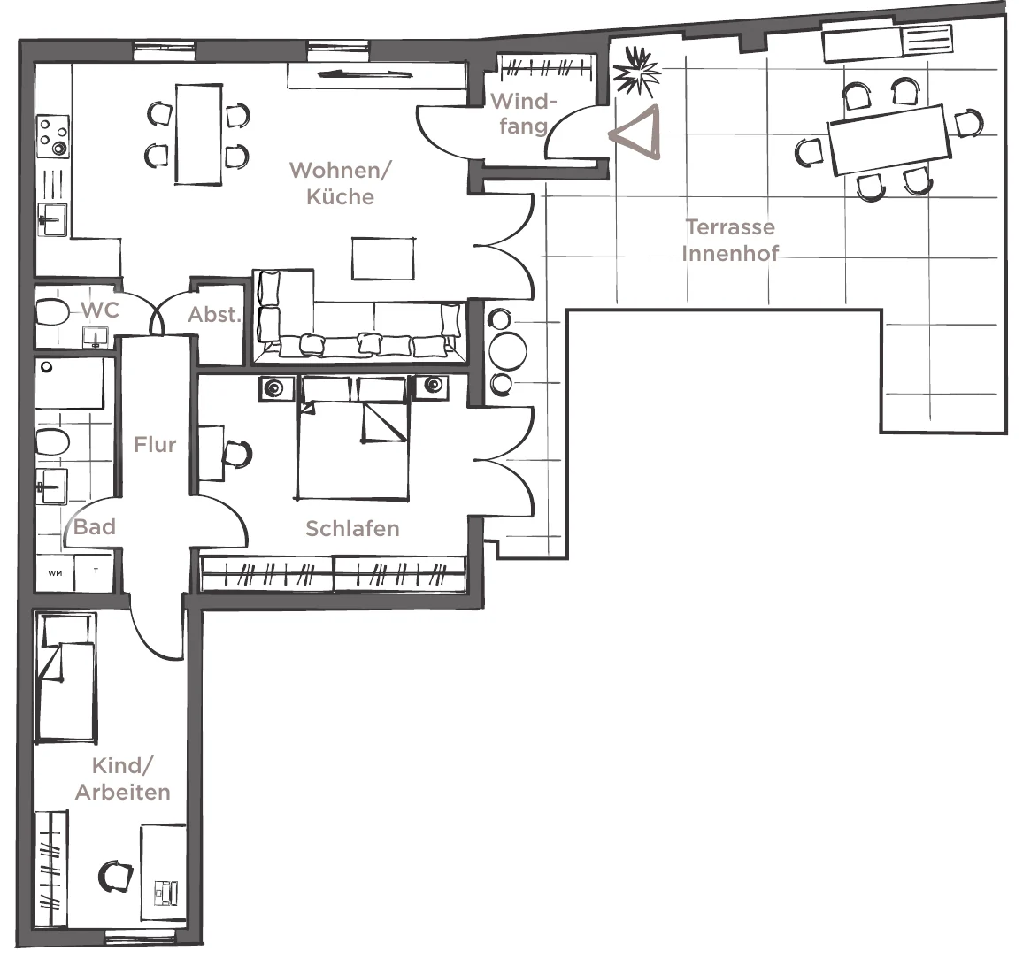Grundriss der Wohnung 04, Hochparterre, 3 Zimmer