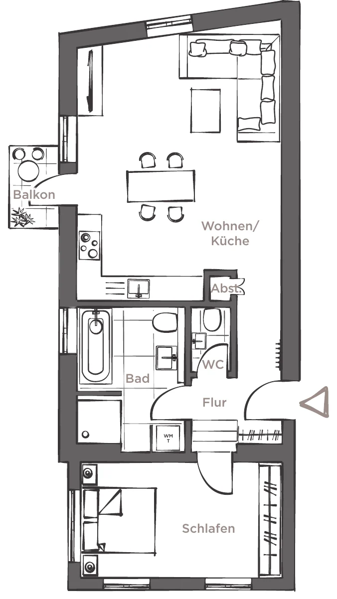 Grundriss der Wohnung 05, 1. Obergeschoss, 2 Zimmer